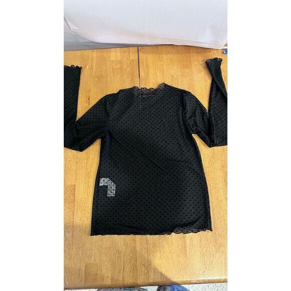 Zara Women's Mock Neck Lettuce Trim Polka Dot Mesh Top Blouse Black Size Small - Picture 10 of 10